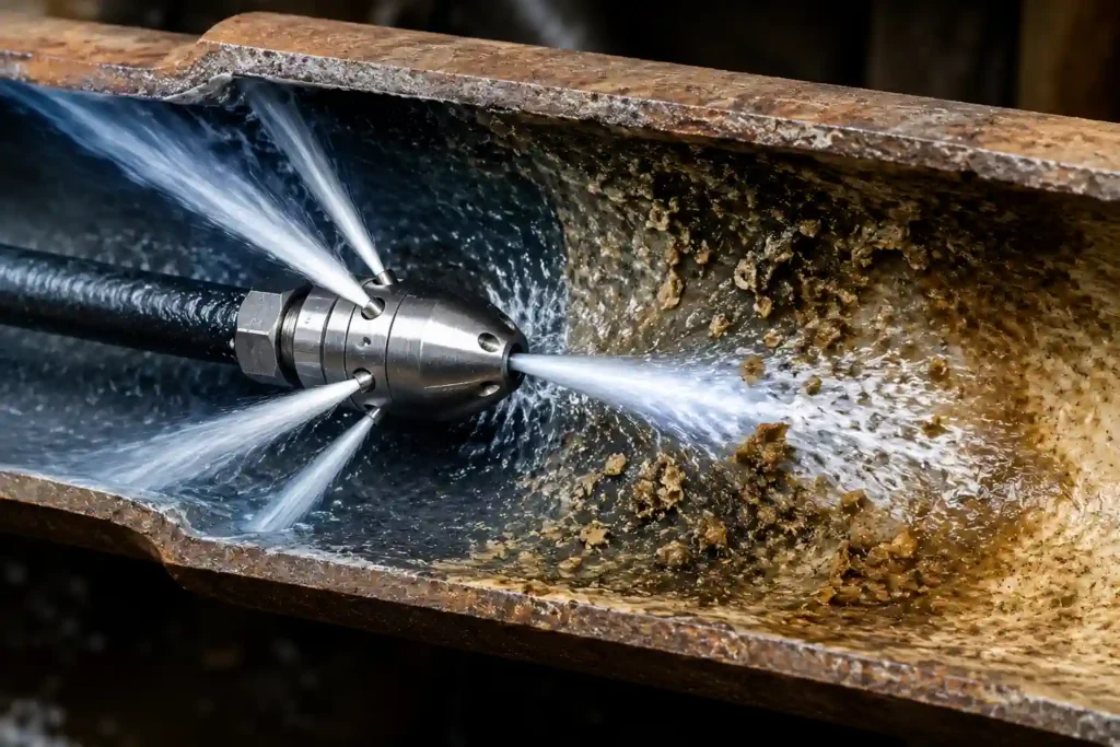 Hydro jet nozzle blasting high-pressure water through a buildup-filled drain pipe to remove sludge and mineral deposits.