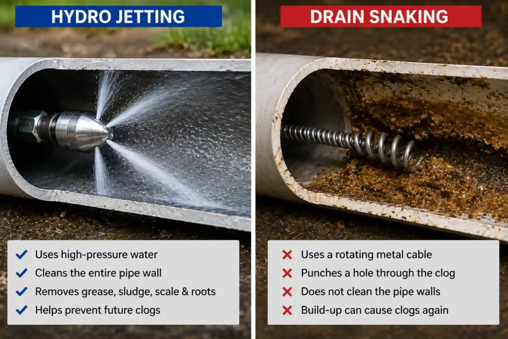 Comparison of hydro jetting using high-pressure water and drain snaking using a rotating cable to clear a clogged pipe.