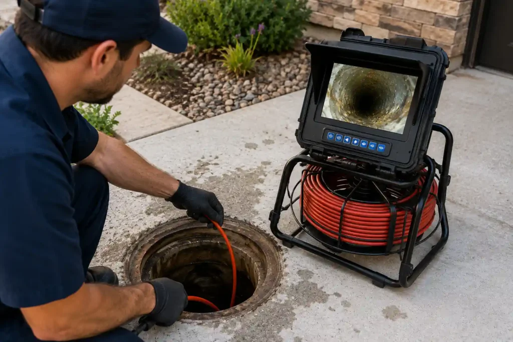 Plumber performing a sewer camera inspection of a drain line before hydro jetting.