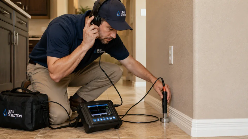 Plumber using acoustic leak detection equipment to locate a hidden water leak beneath a home's floor.