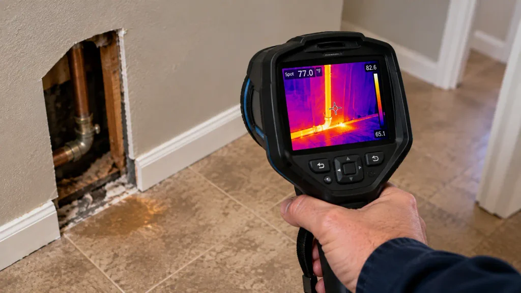 Thermal imaging camera detecting a hidden hot-water pipe leak behind a wall.