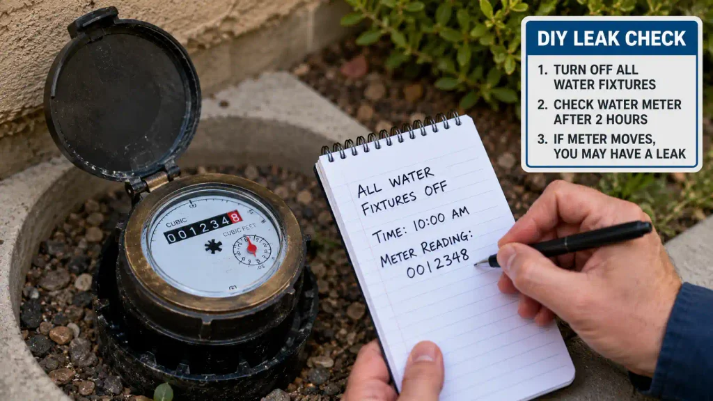 Water meter being checked for hidden water leaks after all household water fixtures are turned off.